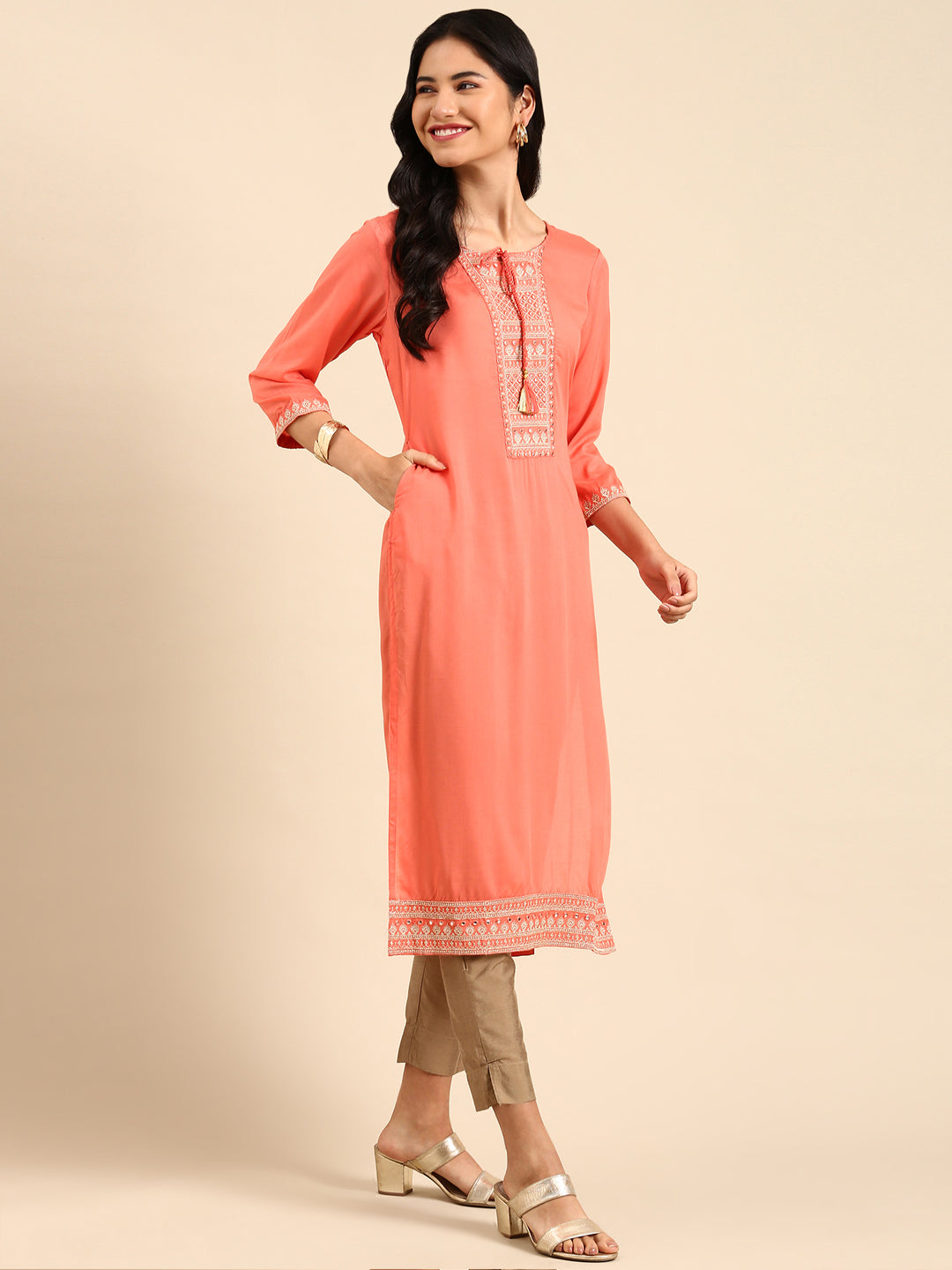 Women's Pink Printed Straight Kurta