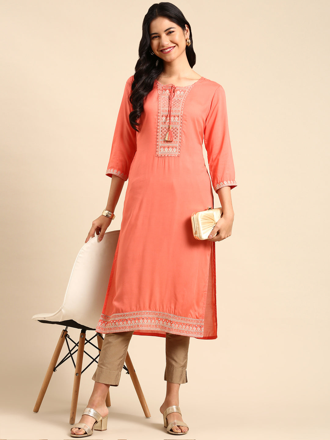 Women's Pink Printed Straight Kurta