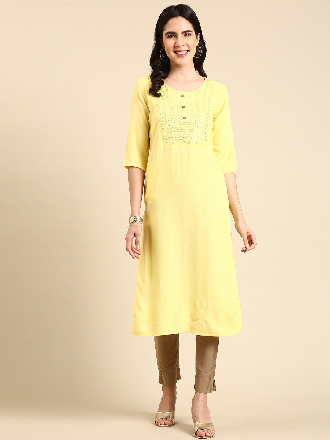 Women's Yellow Embellished Straight Kurta