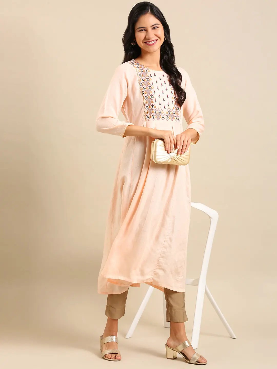 Women's Peach Solid Anarkali Kurta