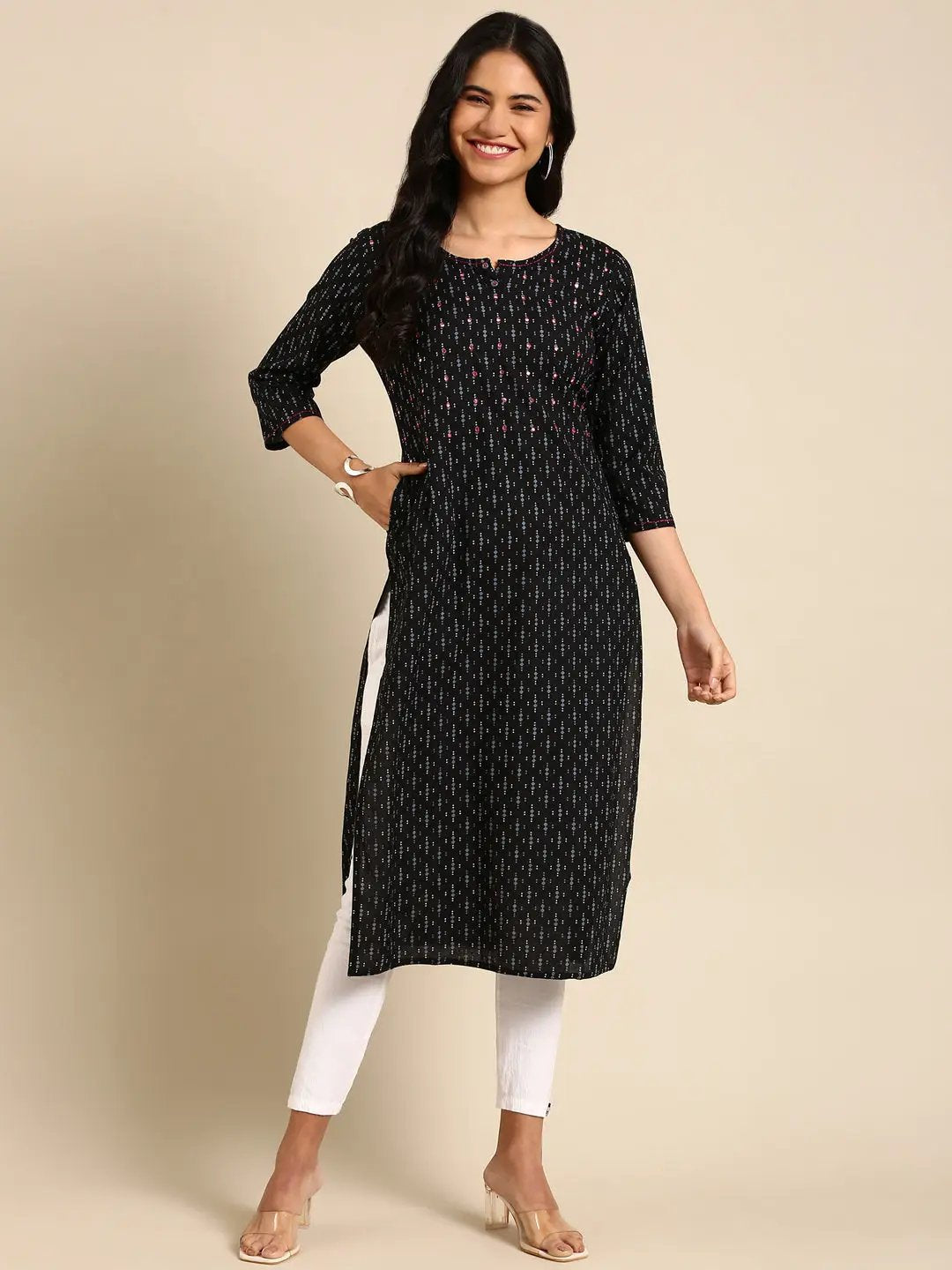 Women's Black Printed Straight Kurta