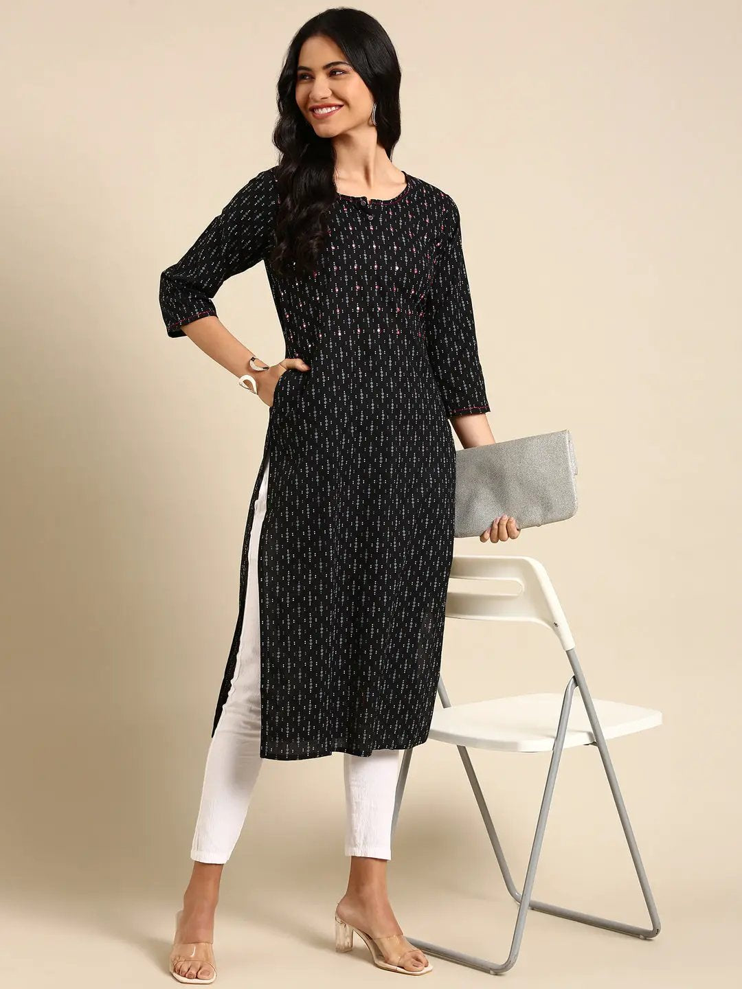 Women's Black Printed Straight Kurta