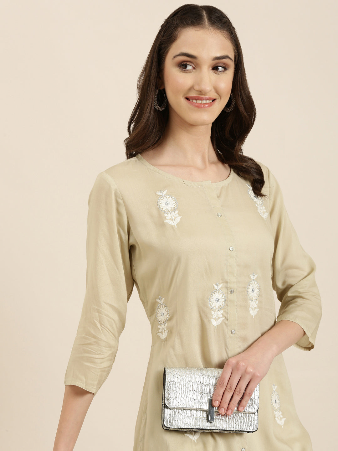 Women Beige Floral A-Line Kurta