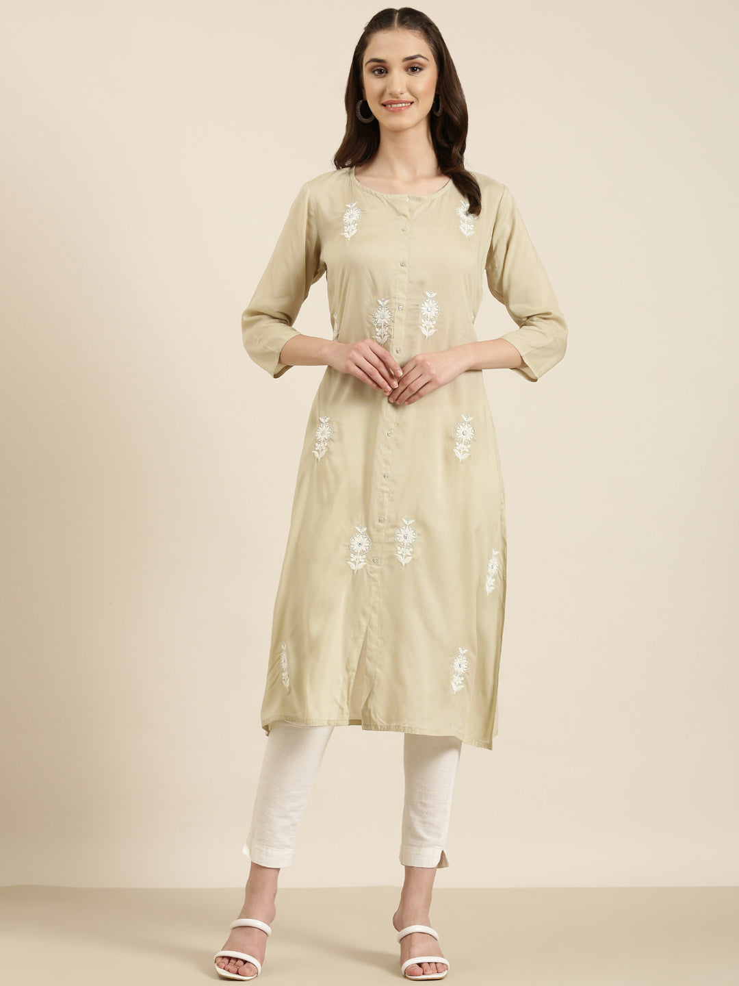 Women Beige Floral A-Line Kurta