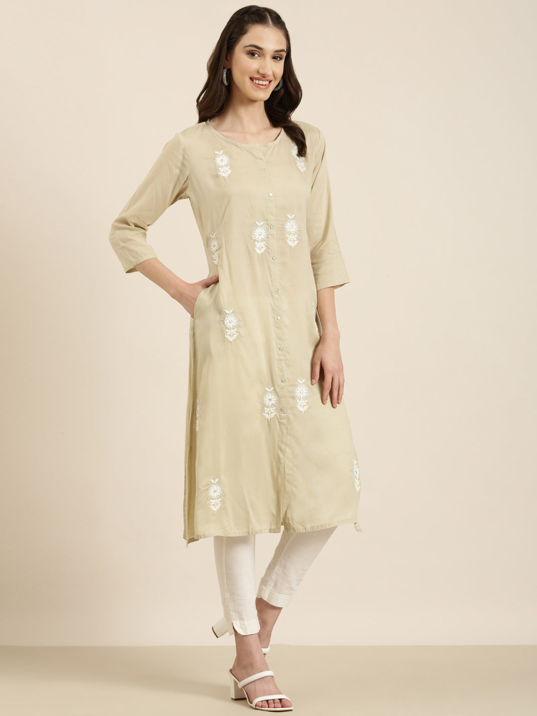 Women Beige Floral A-Line Kurta