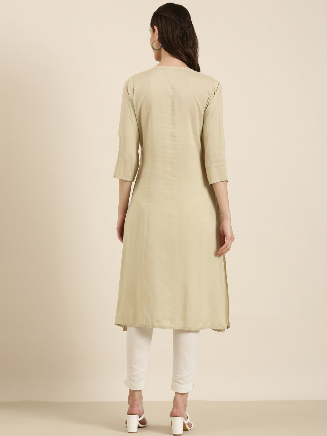 Women Beige Floral A-Line Kurta