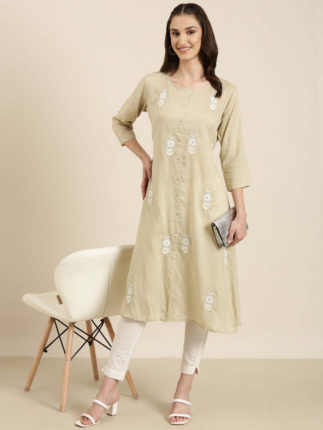 Women Beige Floral A-Line Kurta