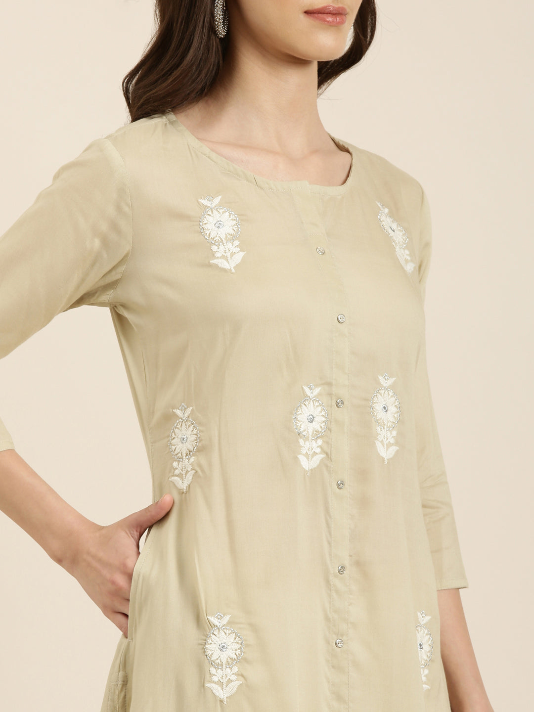 Women Beige Floral A-Line Kurta