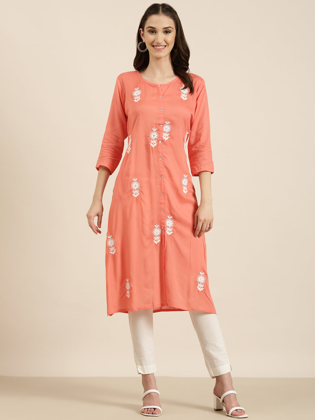 Women's Coral Floral Embroidered Thread Work A-Line Kurta