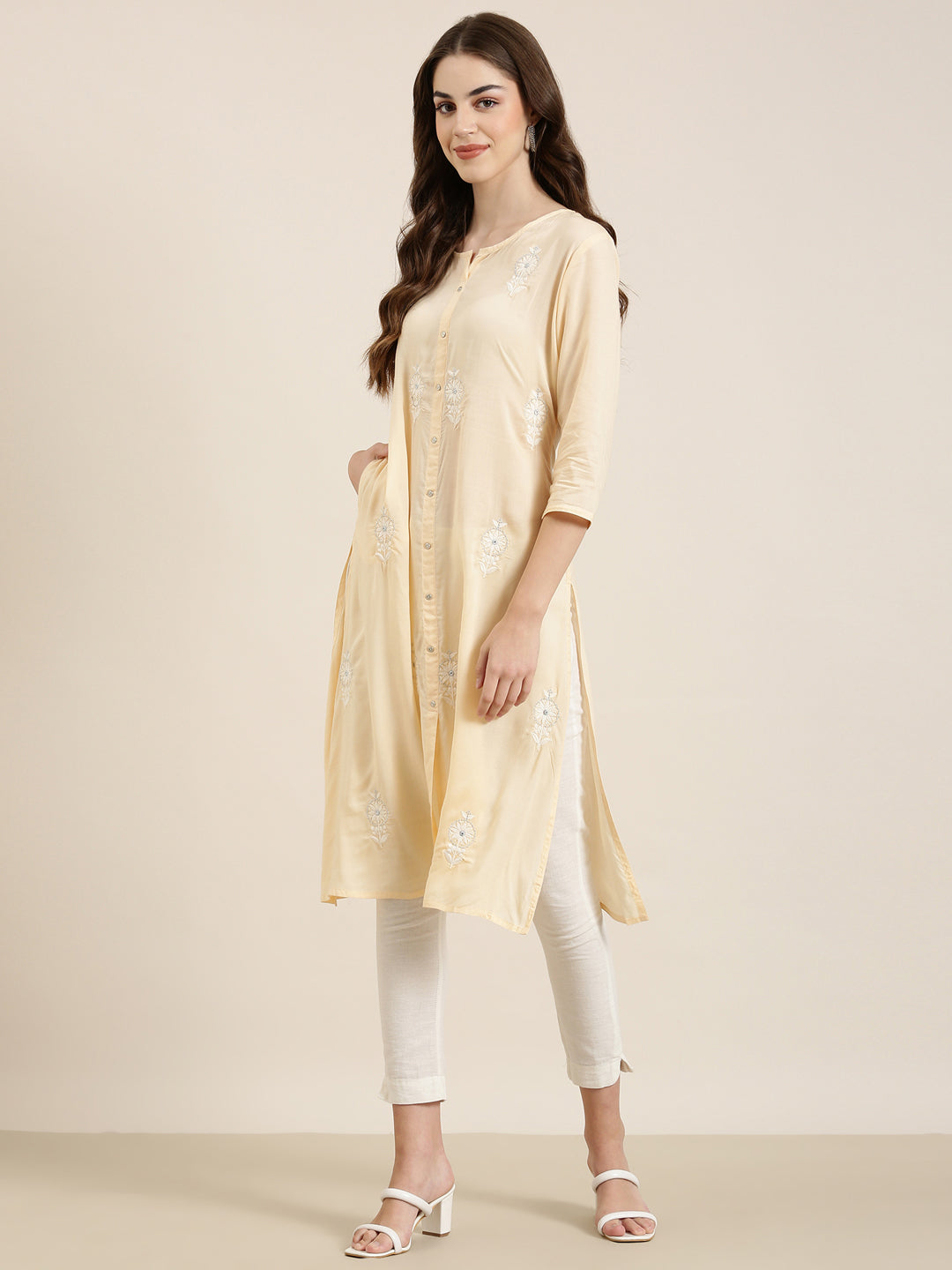 Women Peach Floral A-Line Kurta