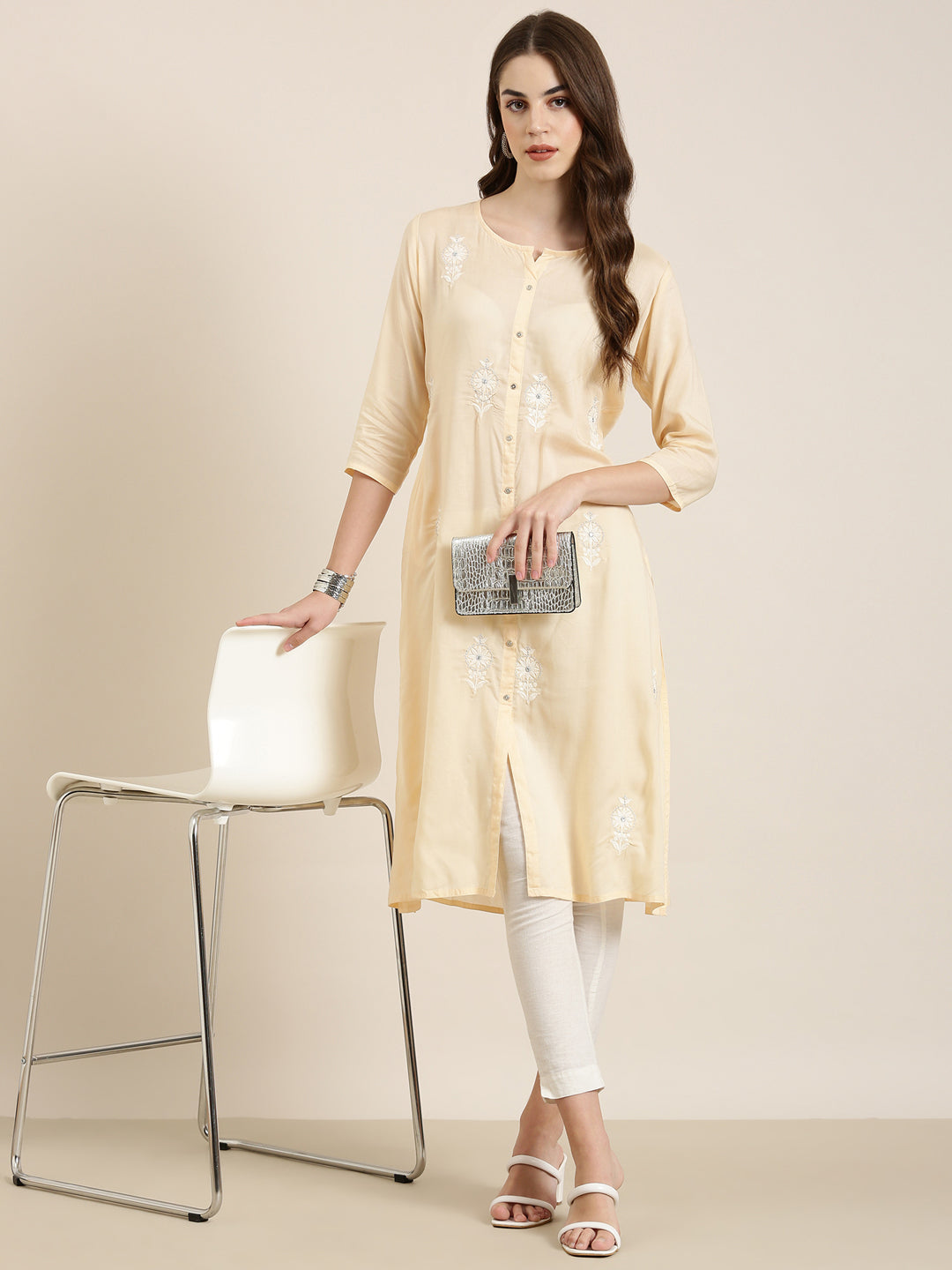 Women Peach Floral A-Line Kurta