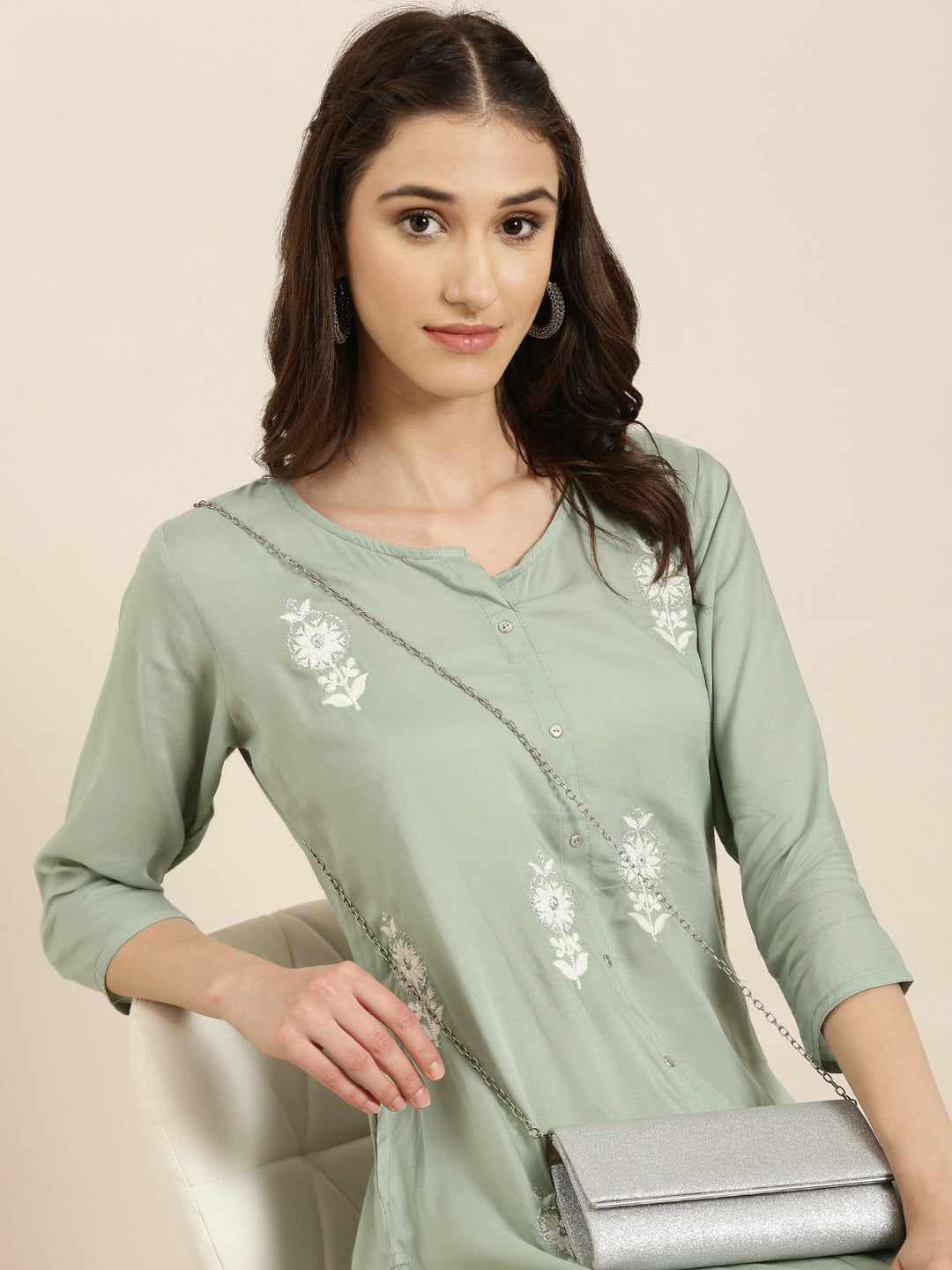 Women Sea Green Floral A-Line Kurta