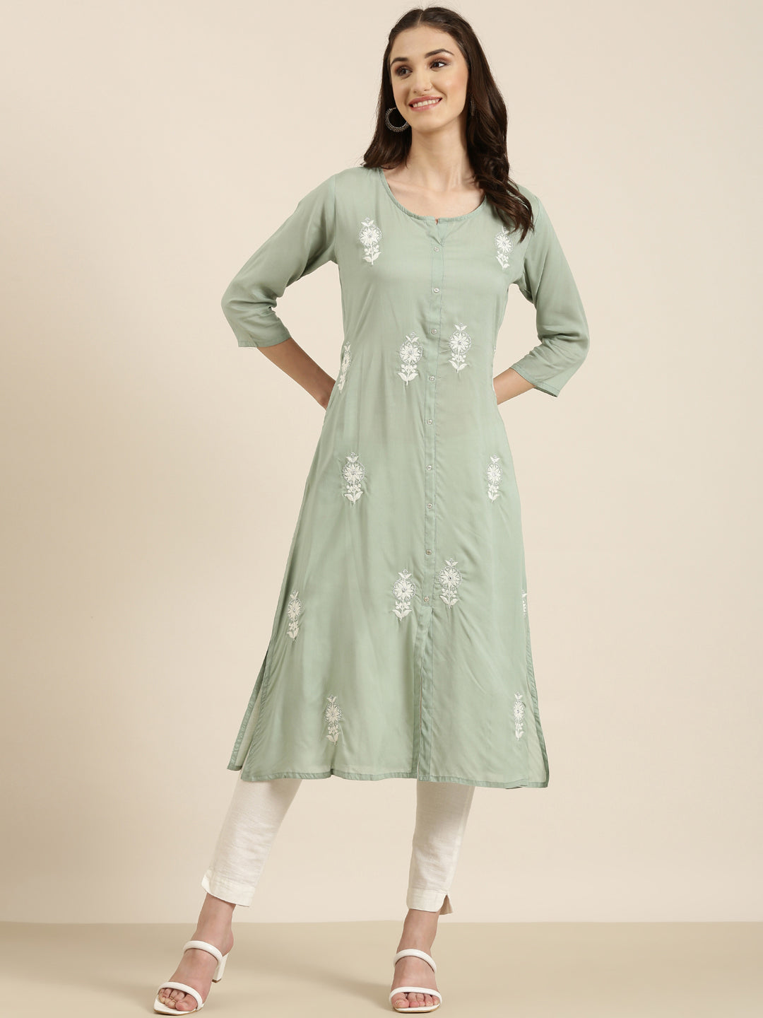 Women Sea Green Floral A-Line Kurta