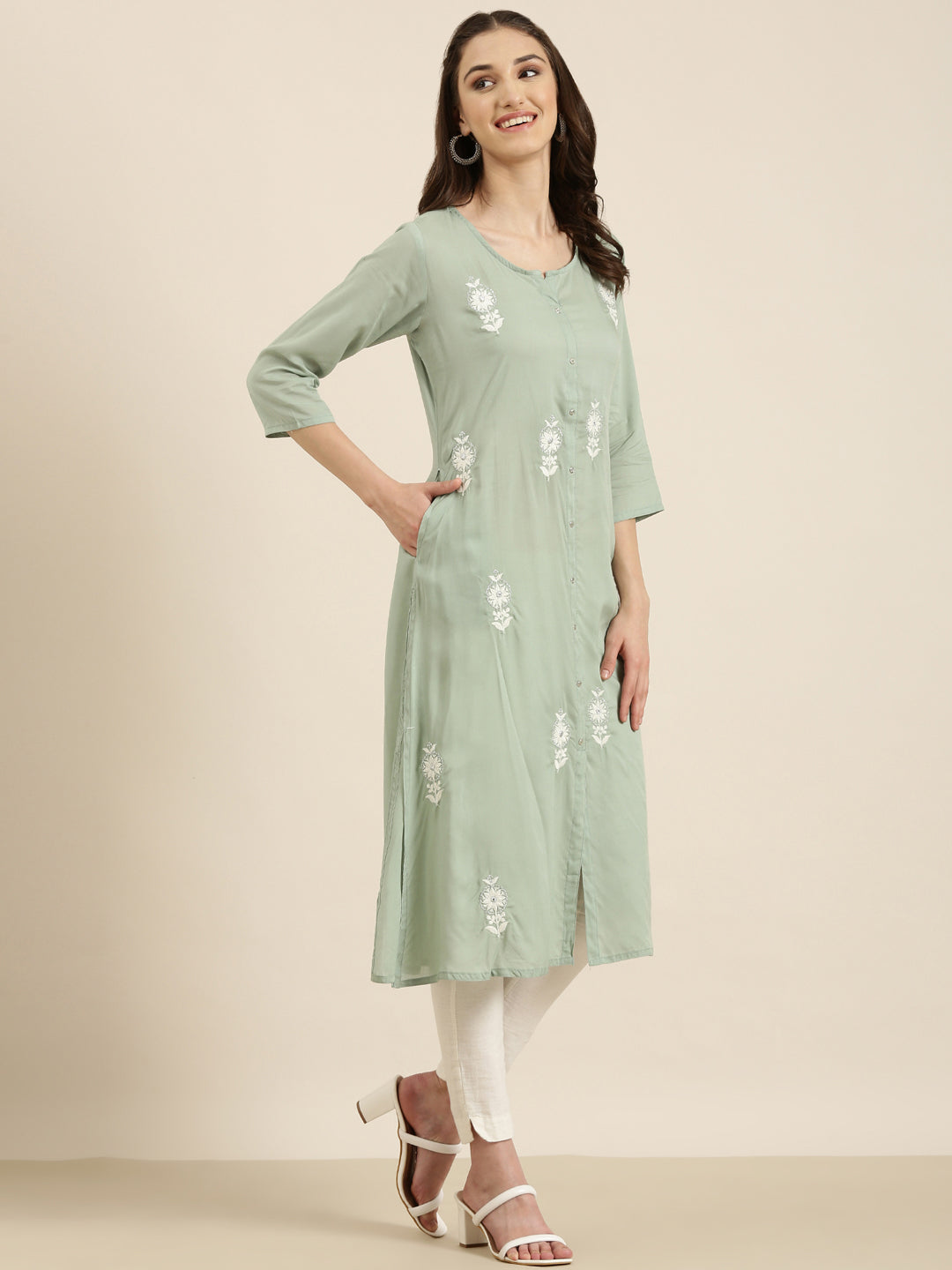 Women Sea Green Floral A-Line Kurta