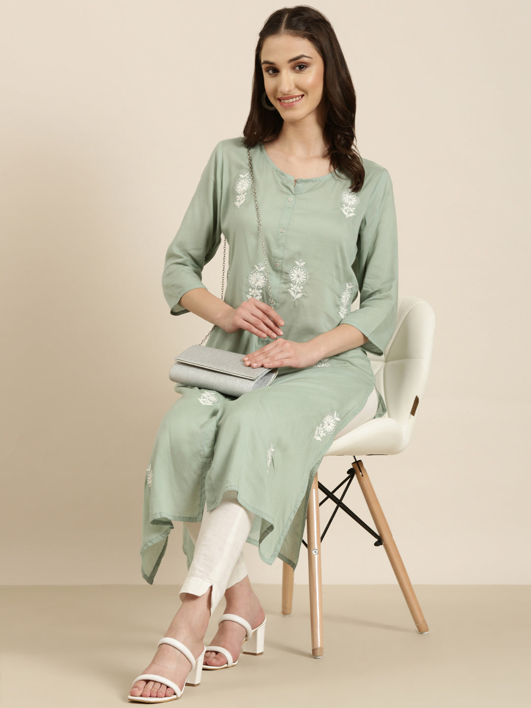 Women Sea Green Floral A-Line Kurta