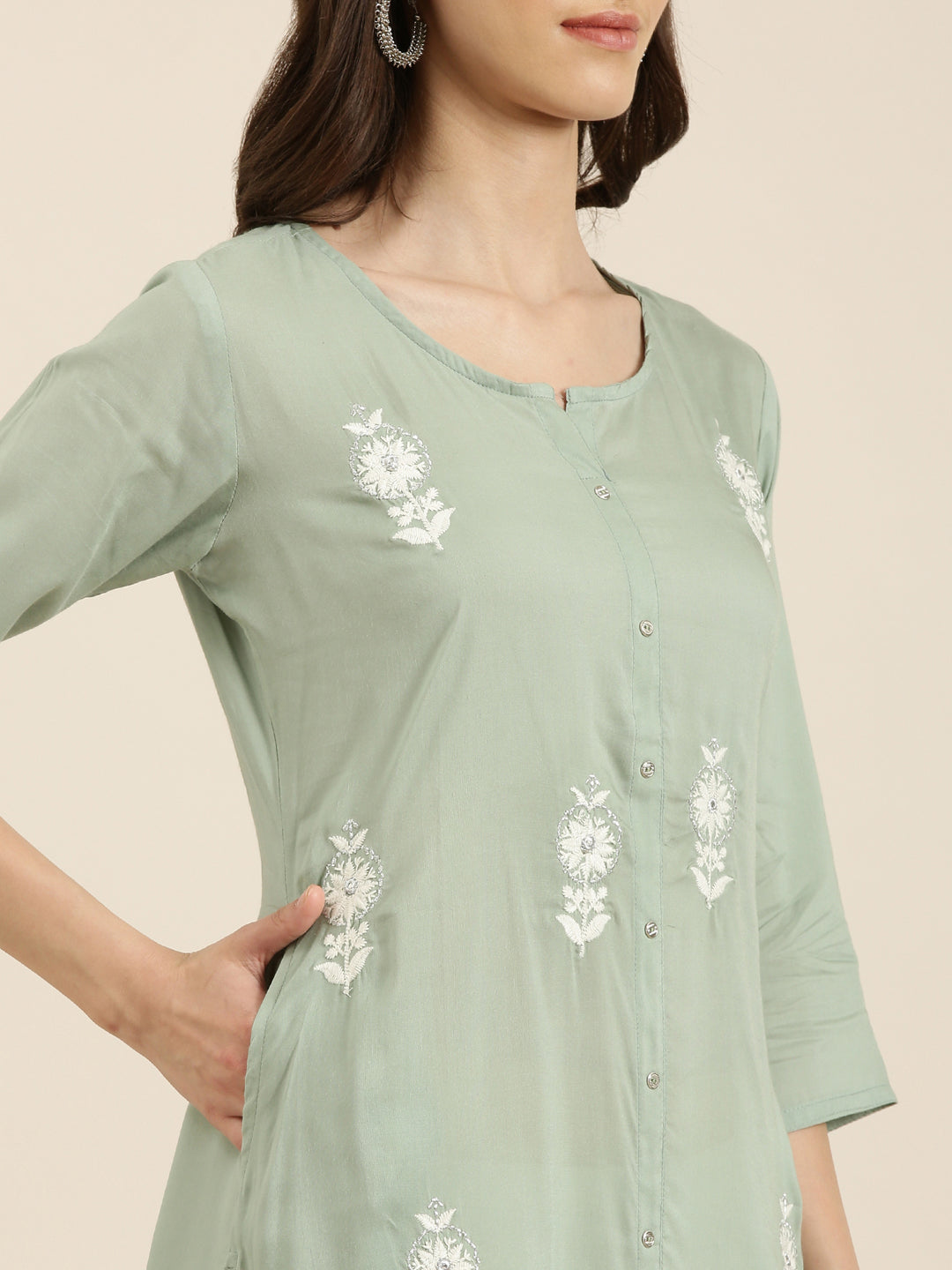 Women Sea Green Floral A-Line Kurta