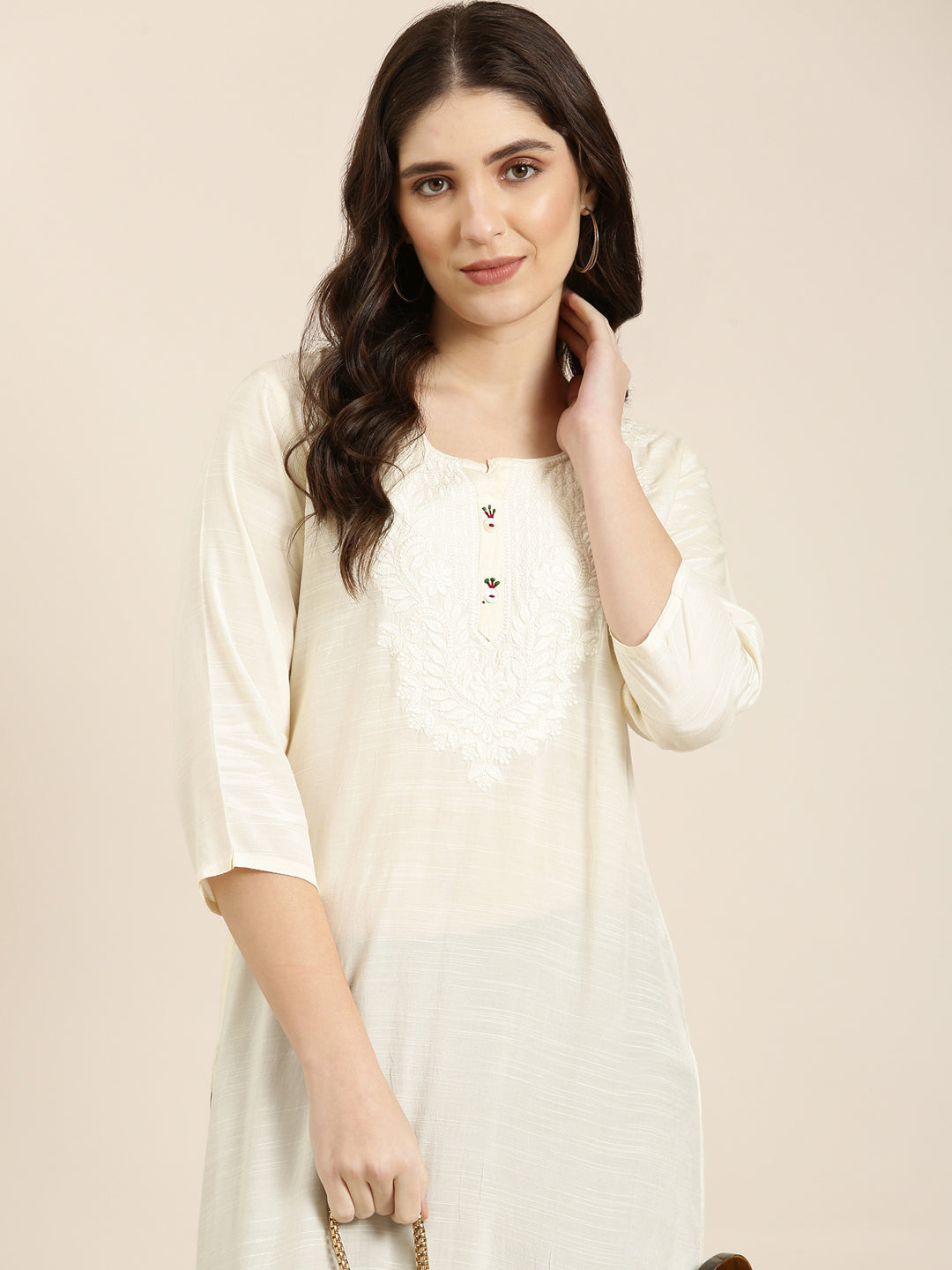 Women Cream Solid Straight Kurta