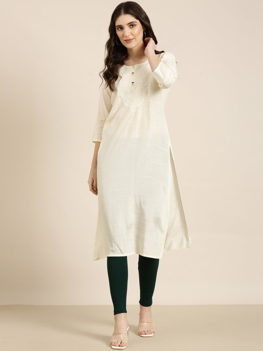 Women Cream Solid Straight Kurta