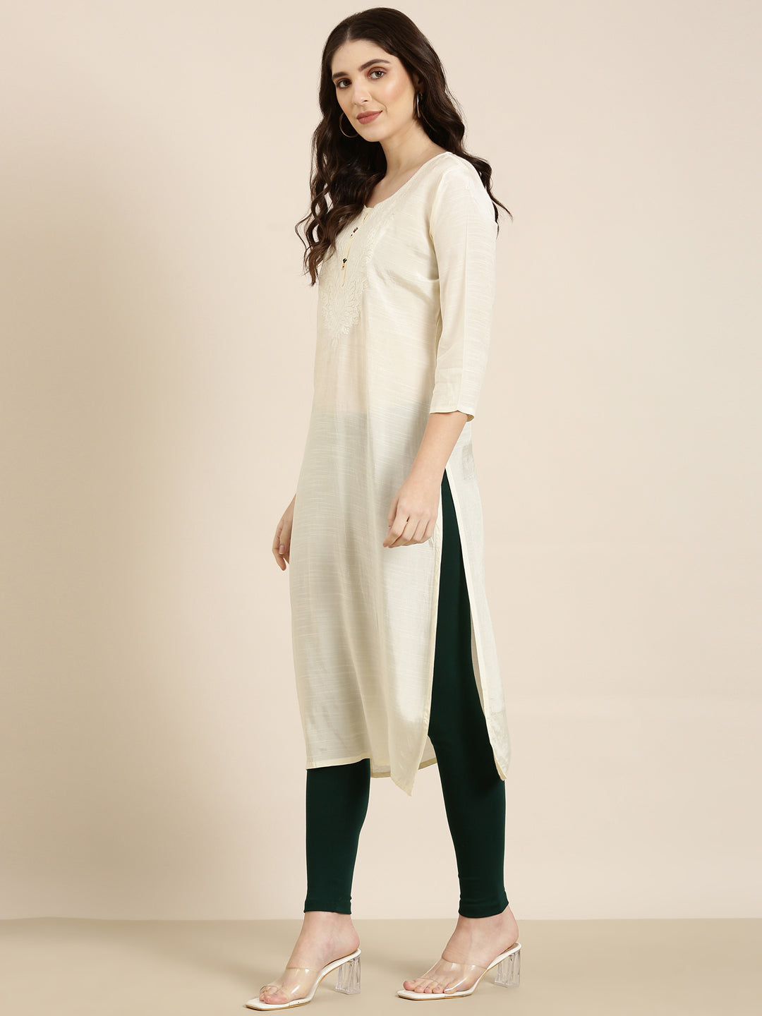 Women Cream Solid Straight Kurta