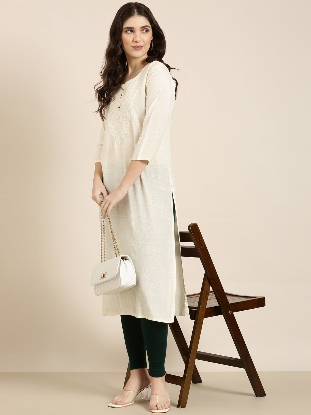 Women Cream Solid Straight Kurta