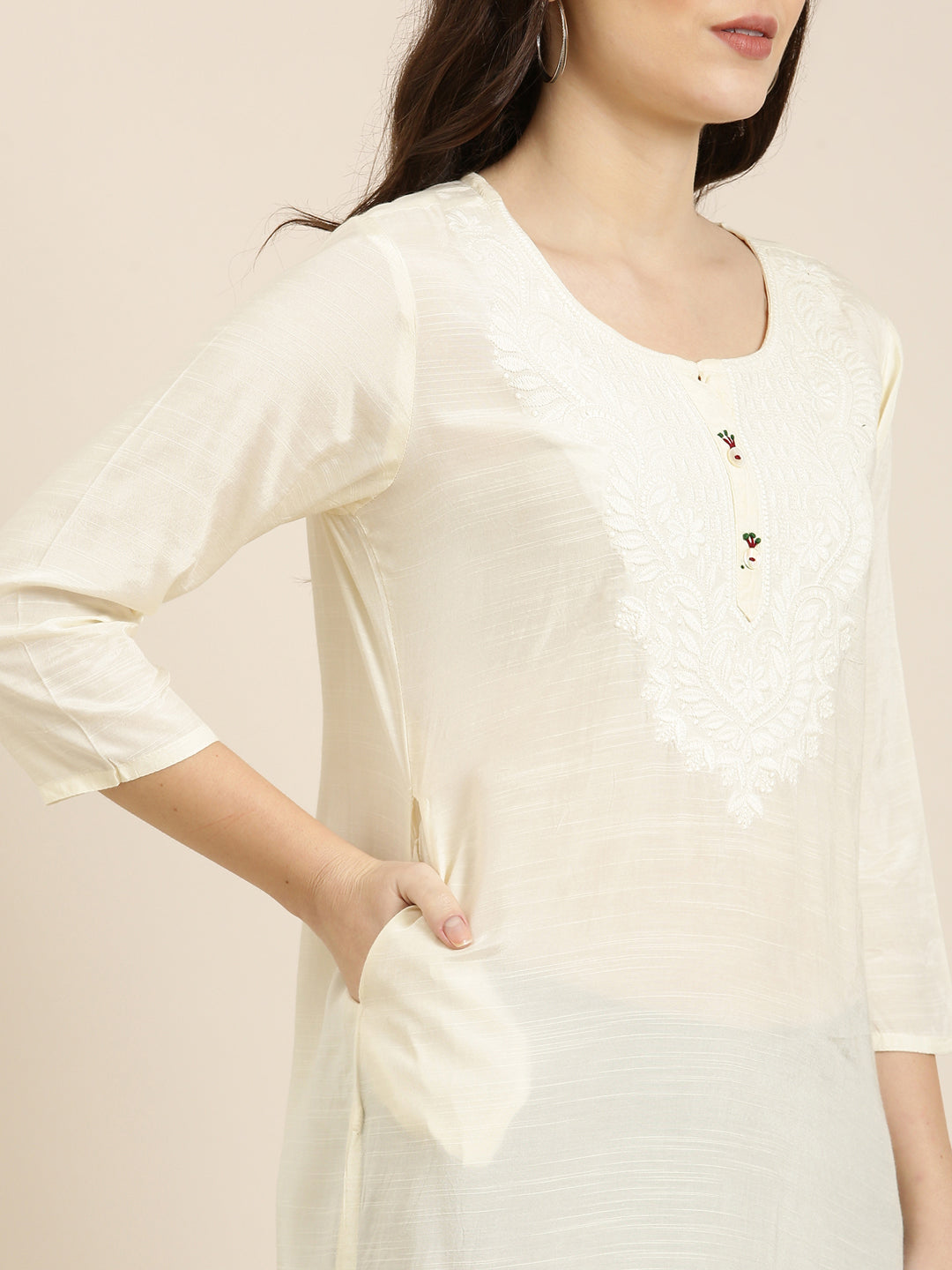 Women Cream Solid Straight Kurta