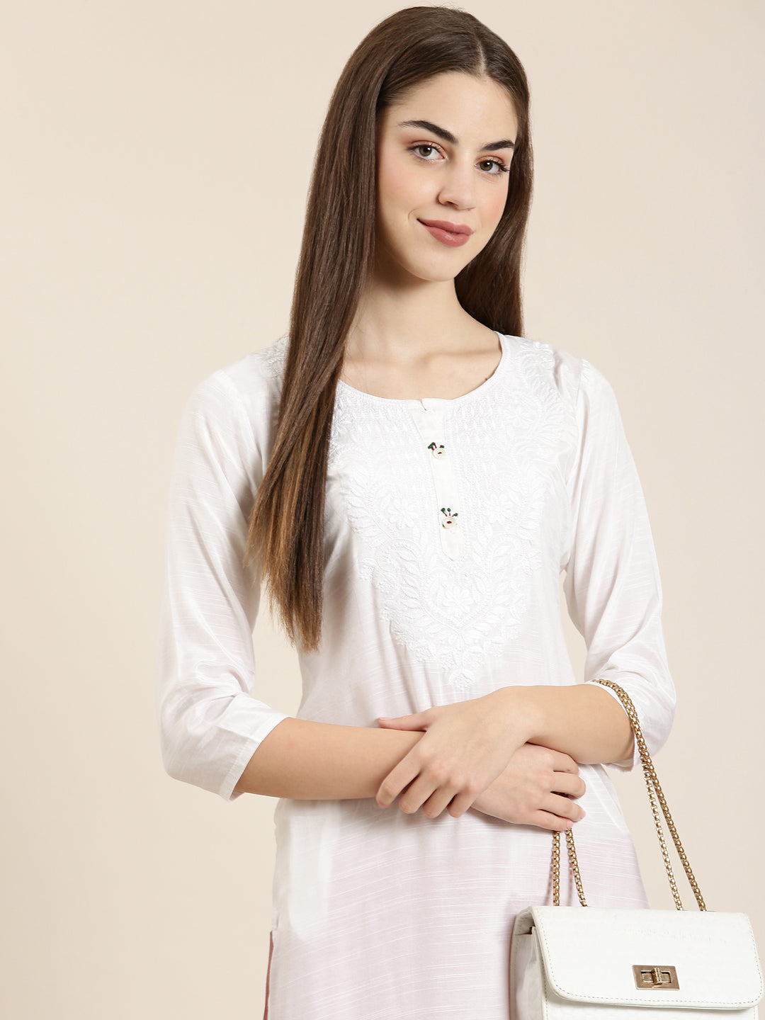 Women White Solid Straight Kurta