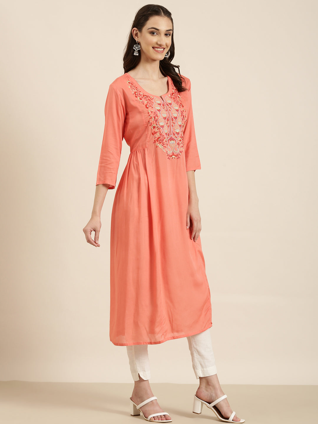 Women's Coral Floral Embroidered Cotton A-Line Kurta