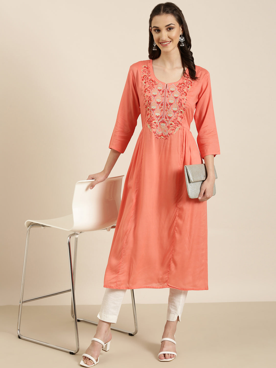 Women's Coral Floral Embroidered Cotton A-Line Kurta