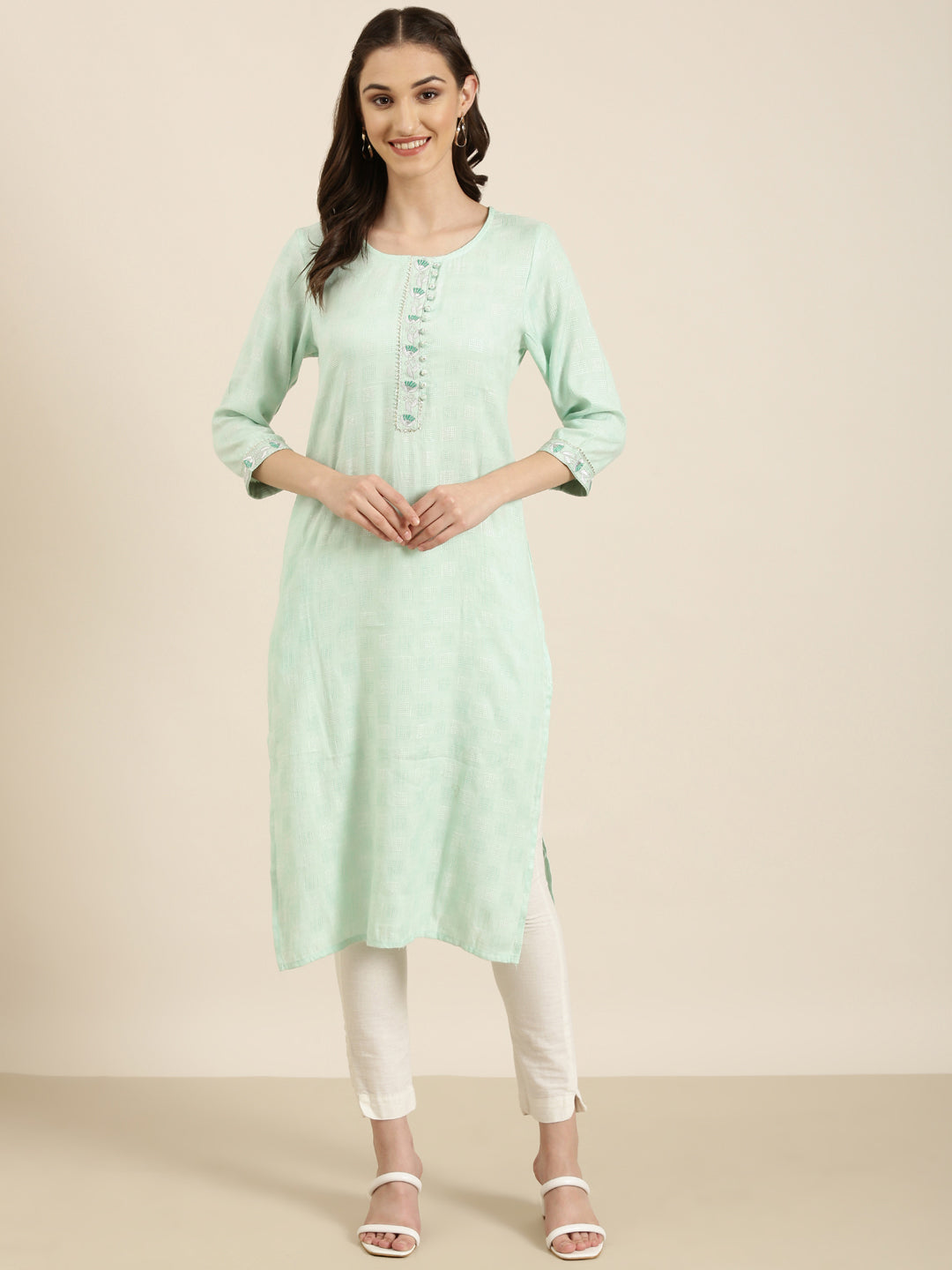 Women Sea Green Solid Straight Kurta