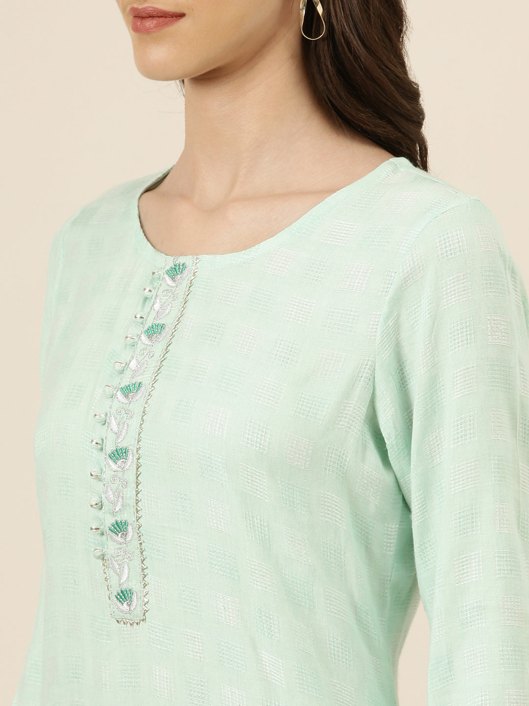 Women Sea Green Solid Straight Kurta