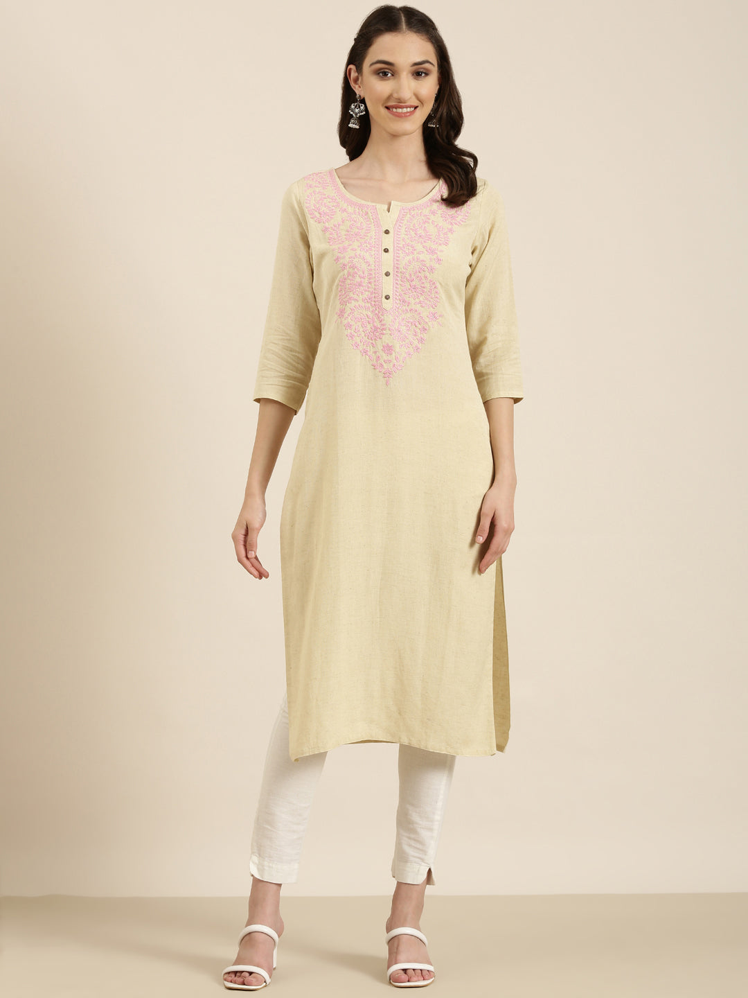 Women Beige Solid Straight Kurta