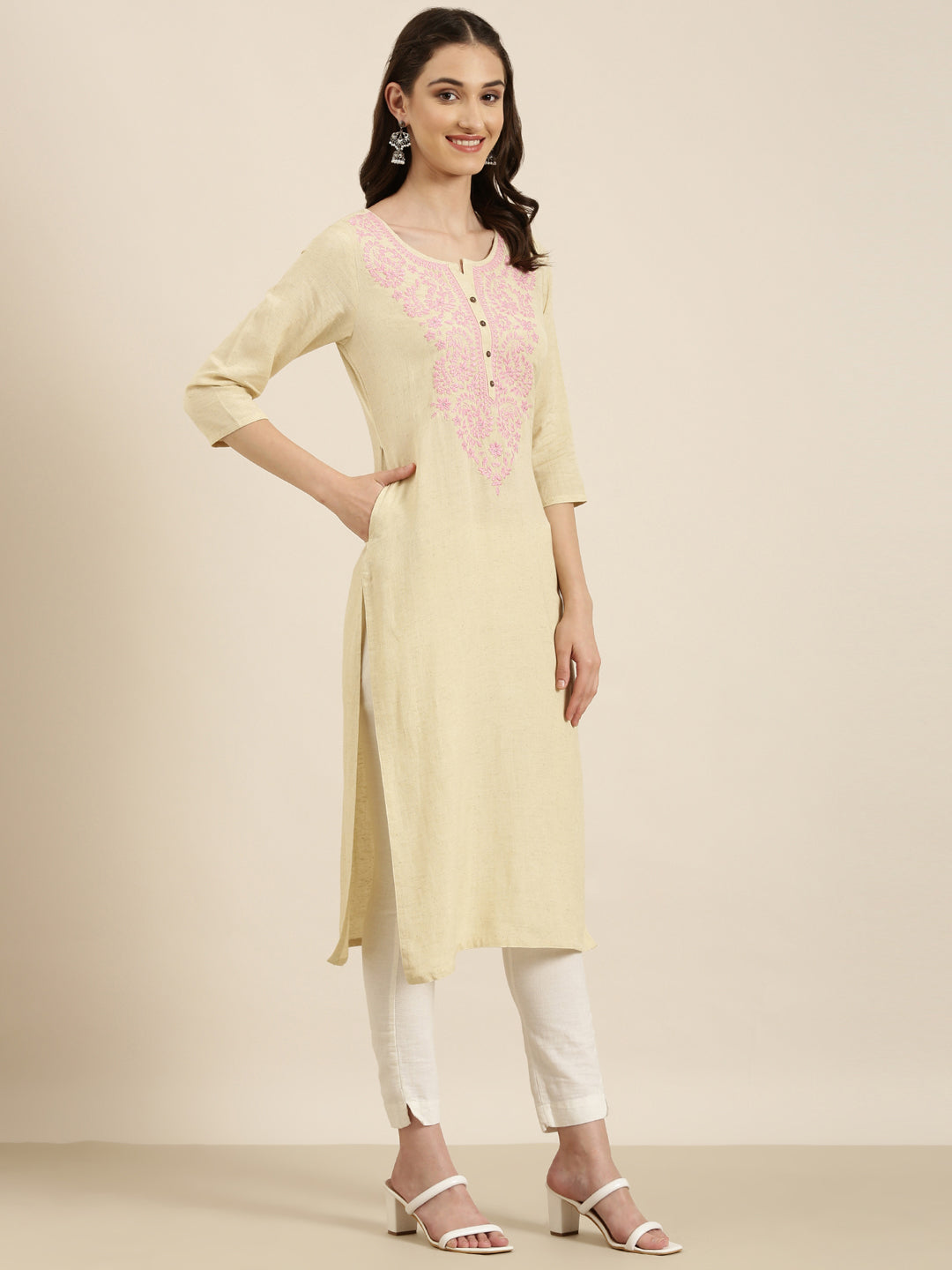 Women Beige Solid Straight Kurta