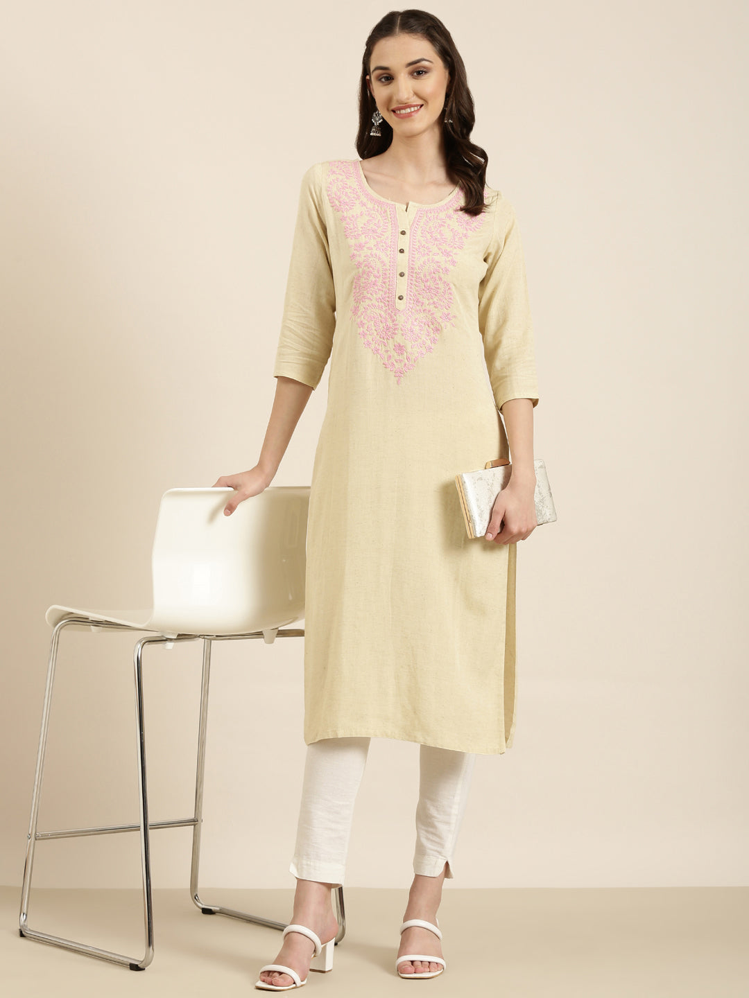 Women Beige Solid Straight Kurta