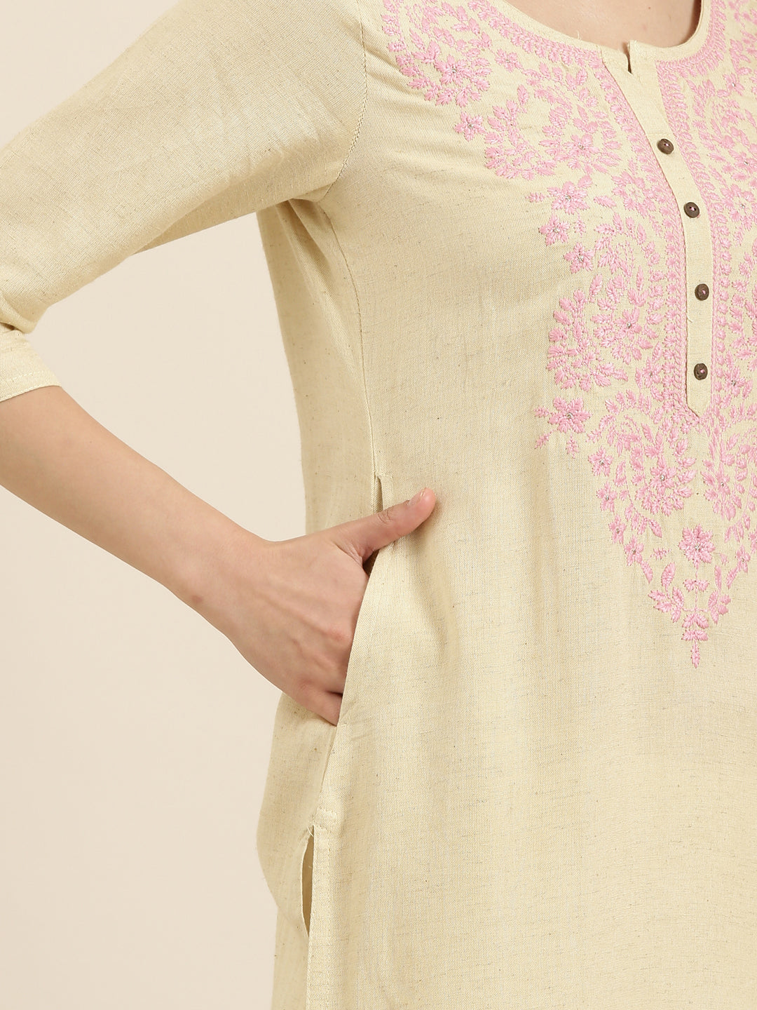 Women Beige Solid Straight Kurta