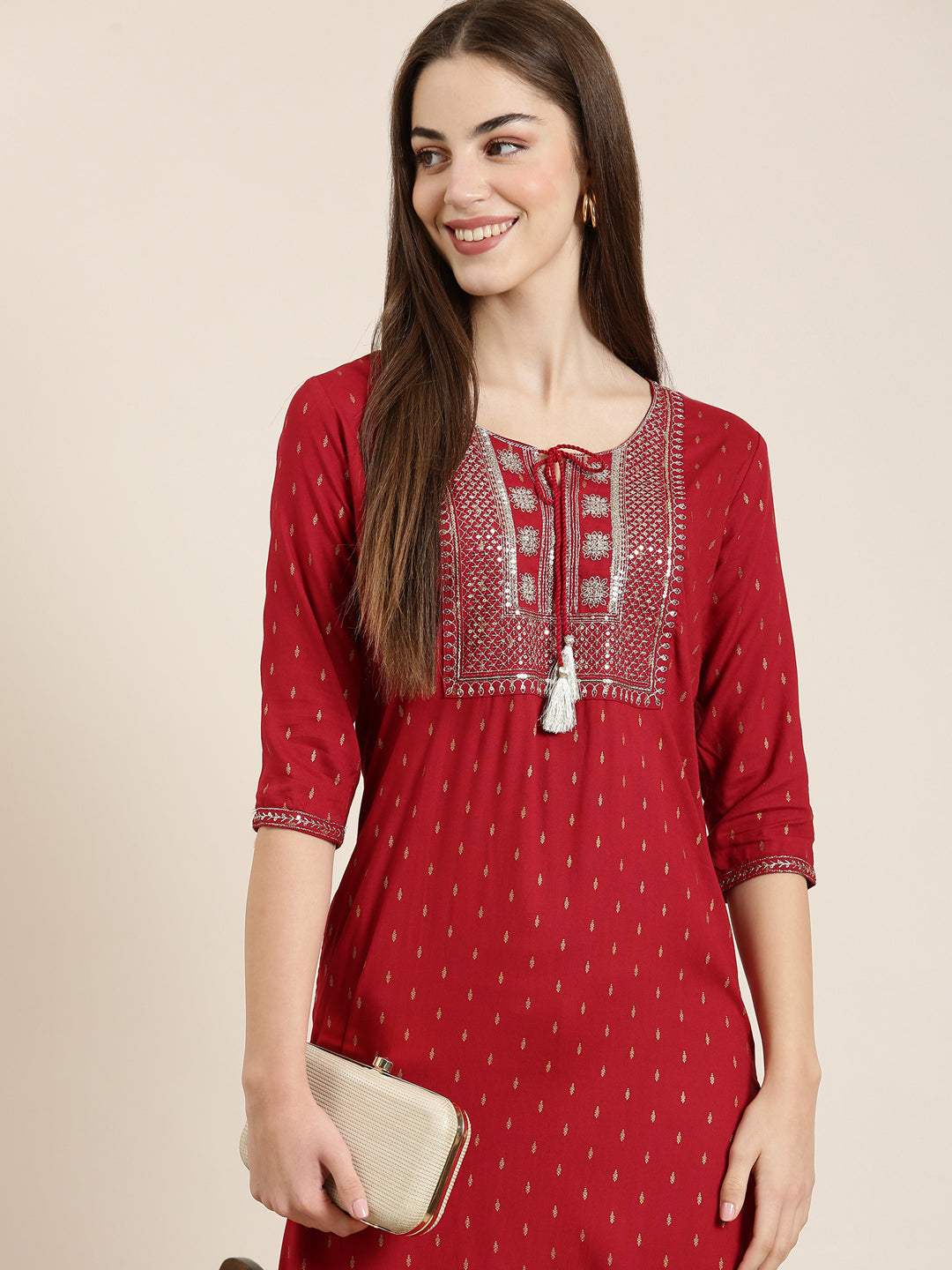 Women Red Floral Straight Kurta