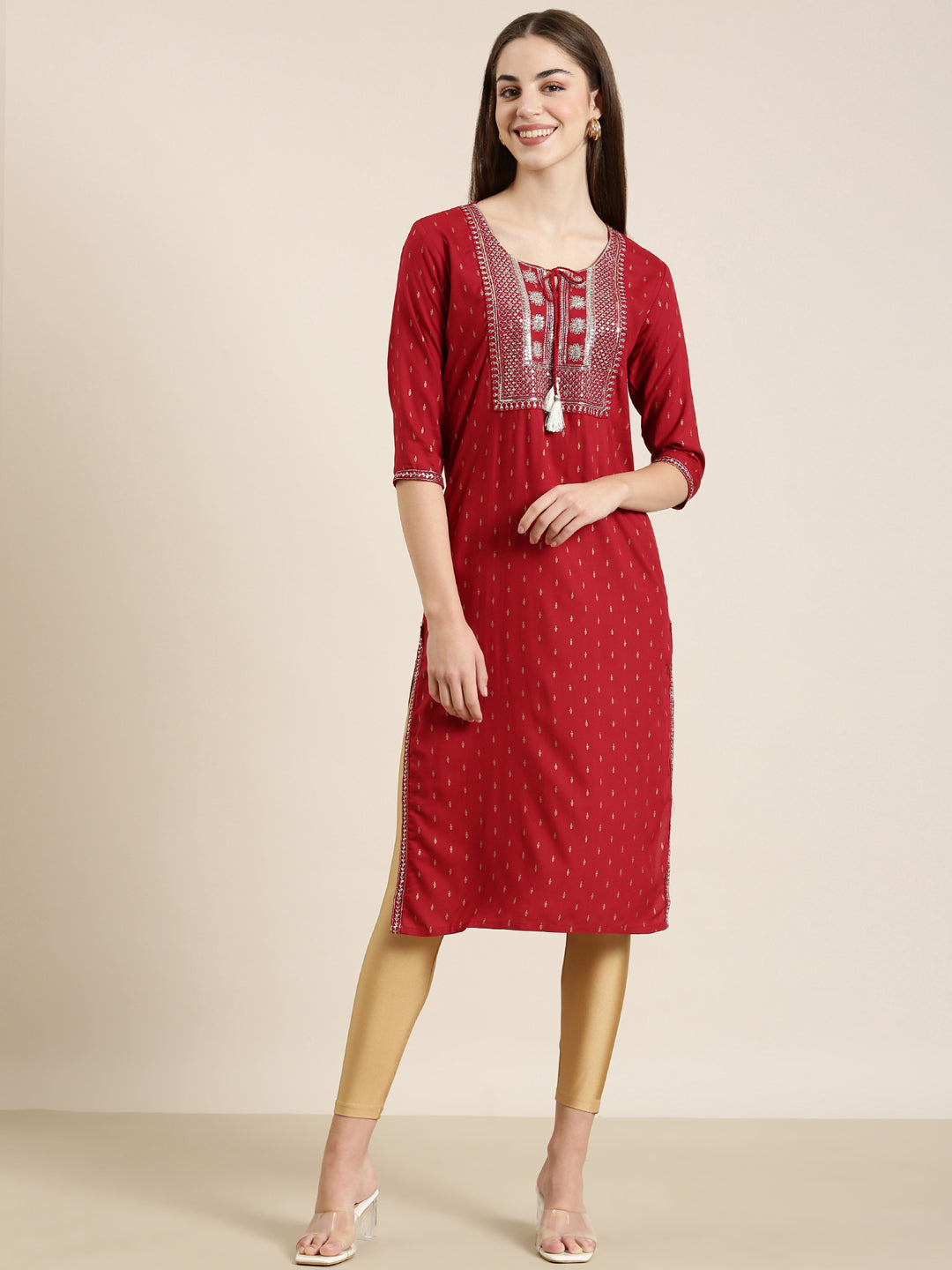 Women Red Floral Straight Kurta