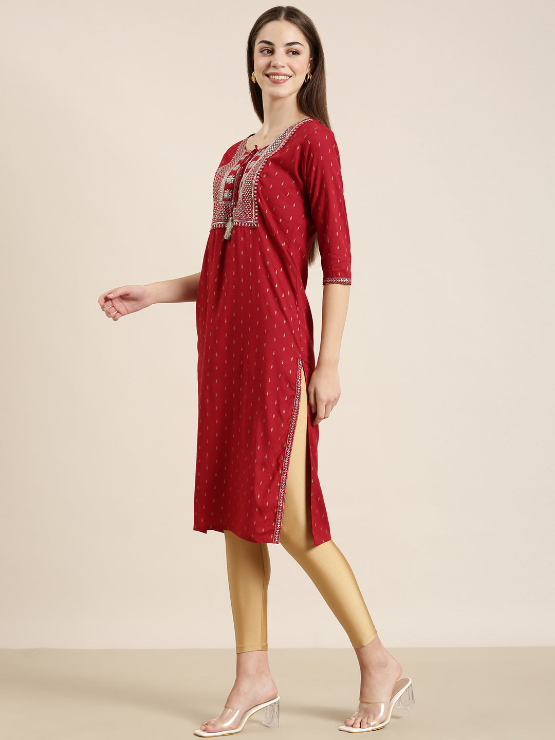 Women Red Floral Straight Kurta