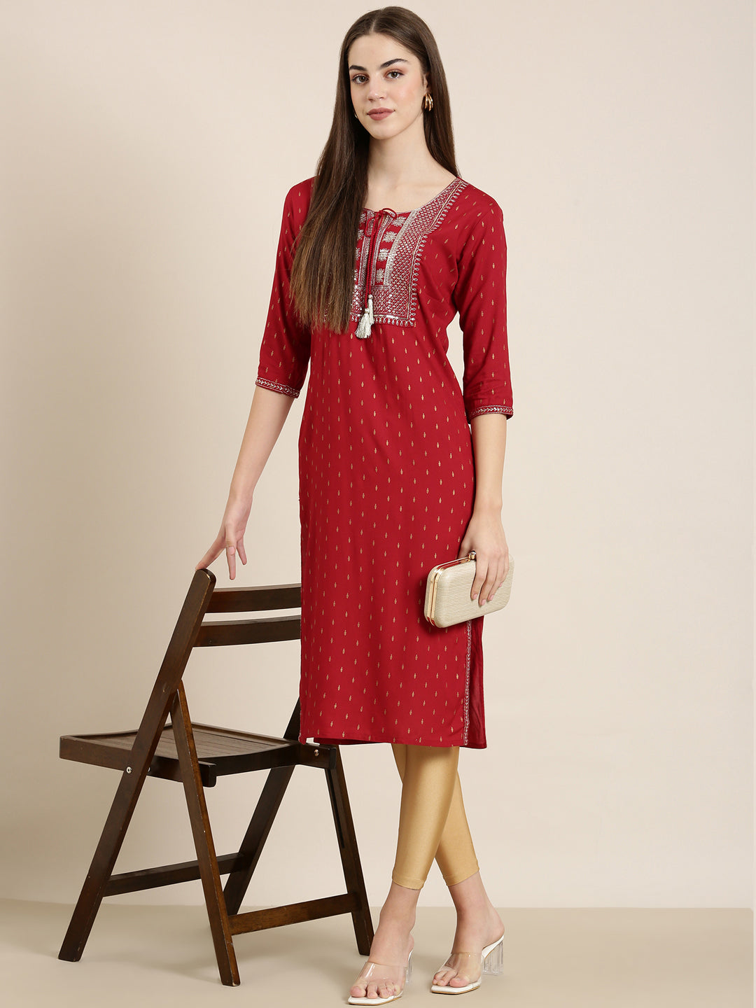 Women Red Floral Straight Kurta