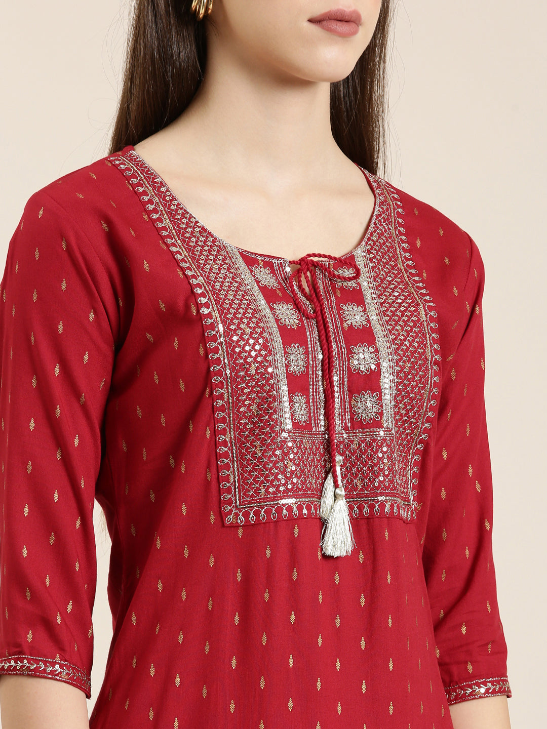 Women Red Floral Straight Kurta