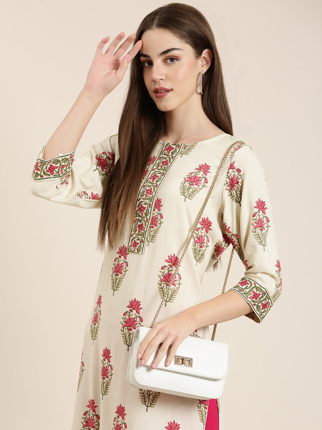 Women Cream Floral Straight Kurta