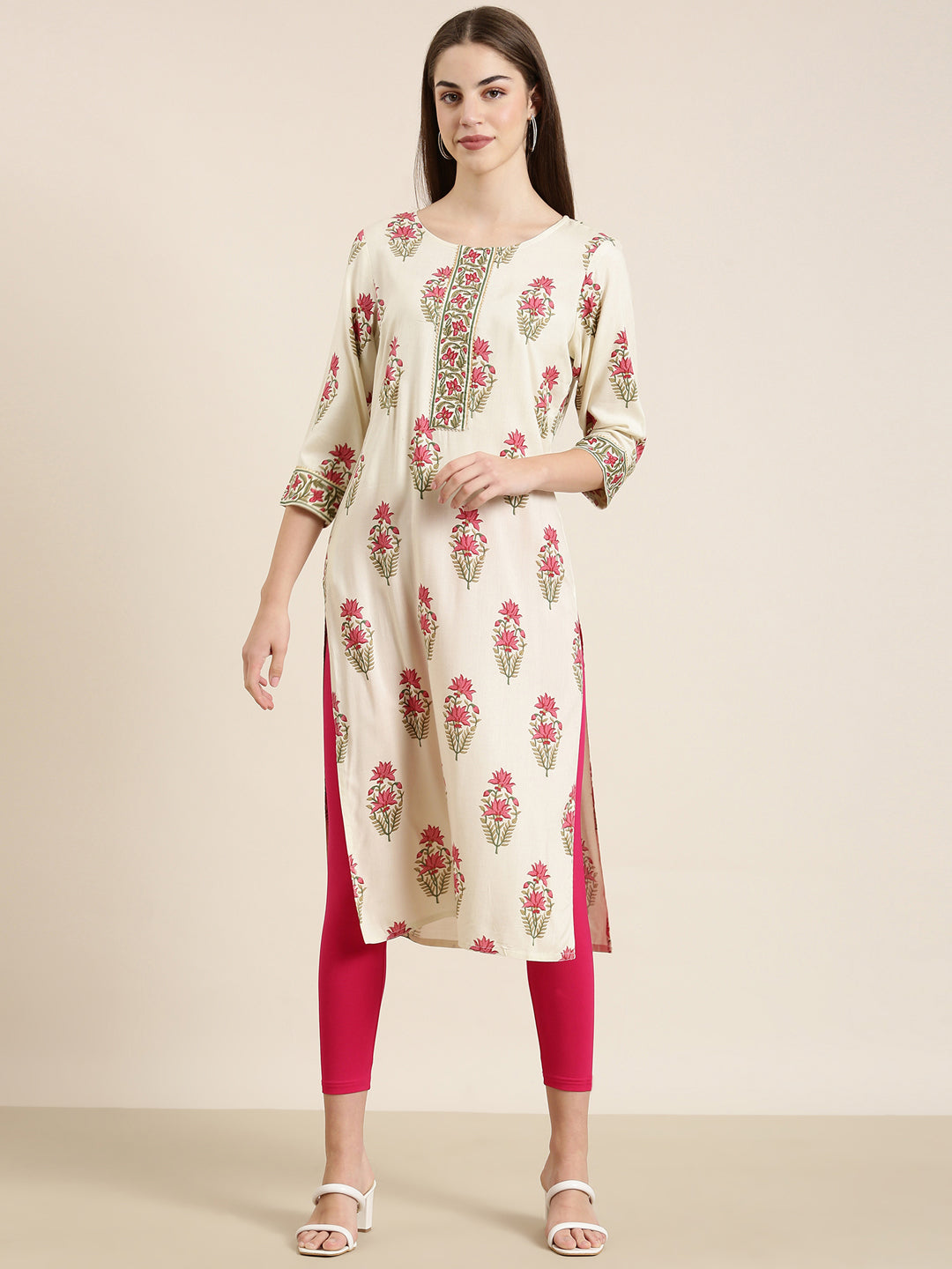 Women Cream Floral Straight Kurta