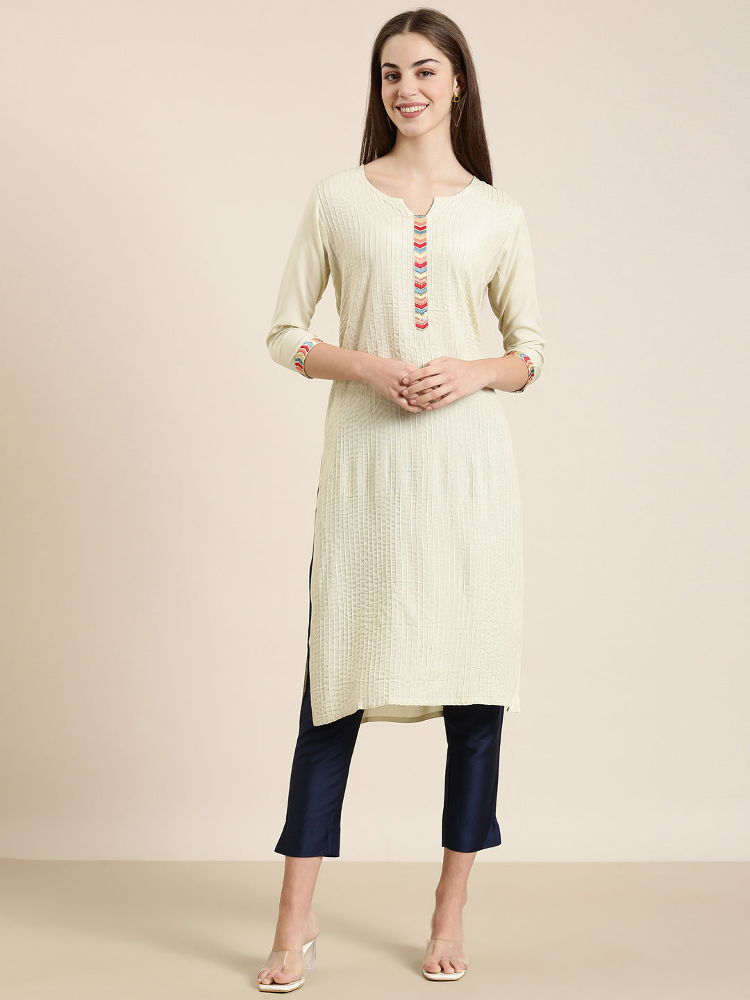 Women Cream Striped Straight Kurta