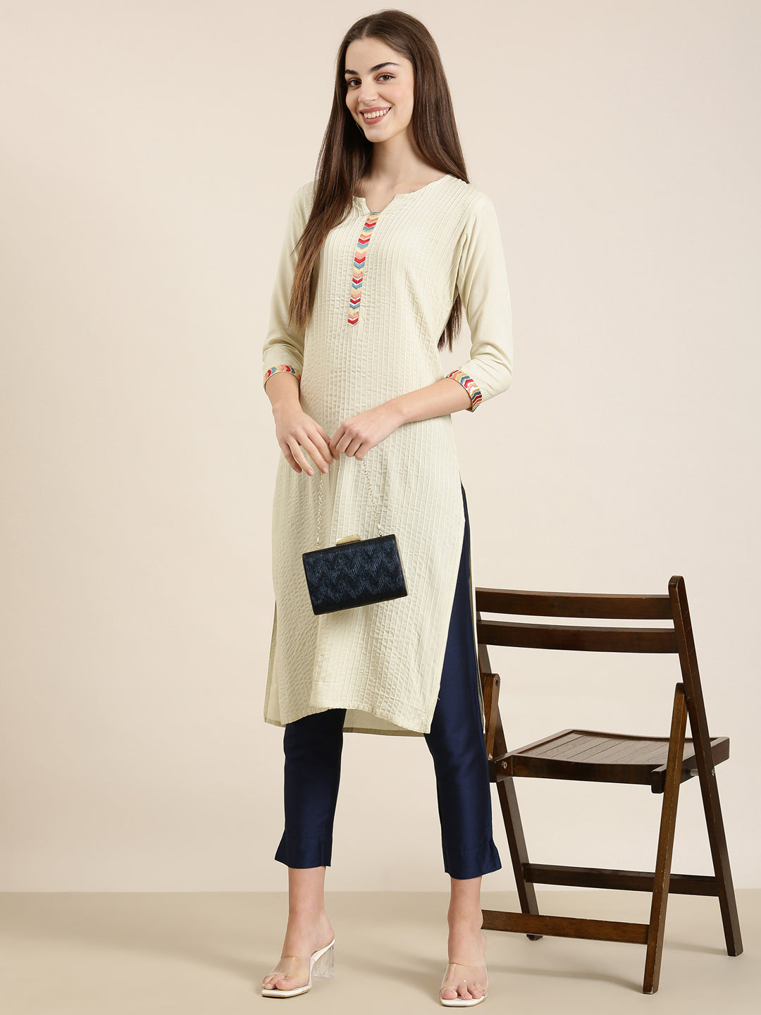 Women Cream Striped Straight Kurta