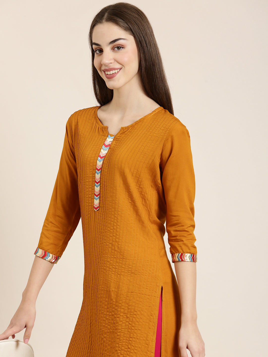 Women Mustard Striped Straight Kurta