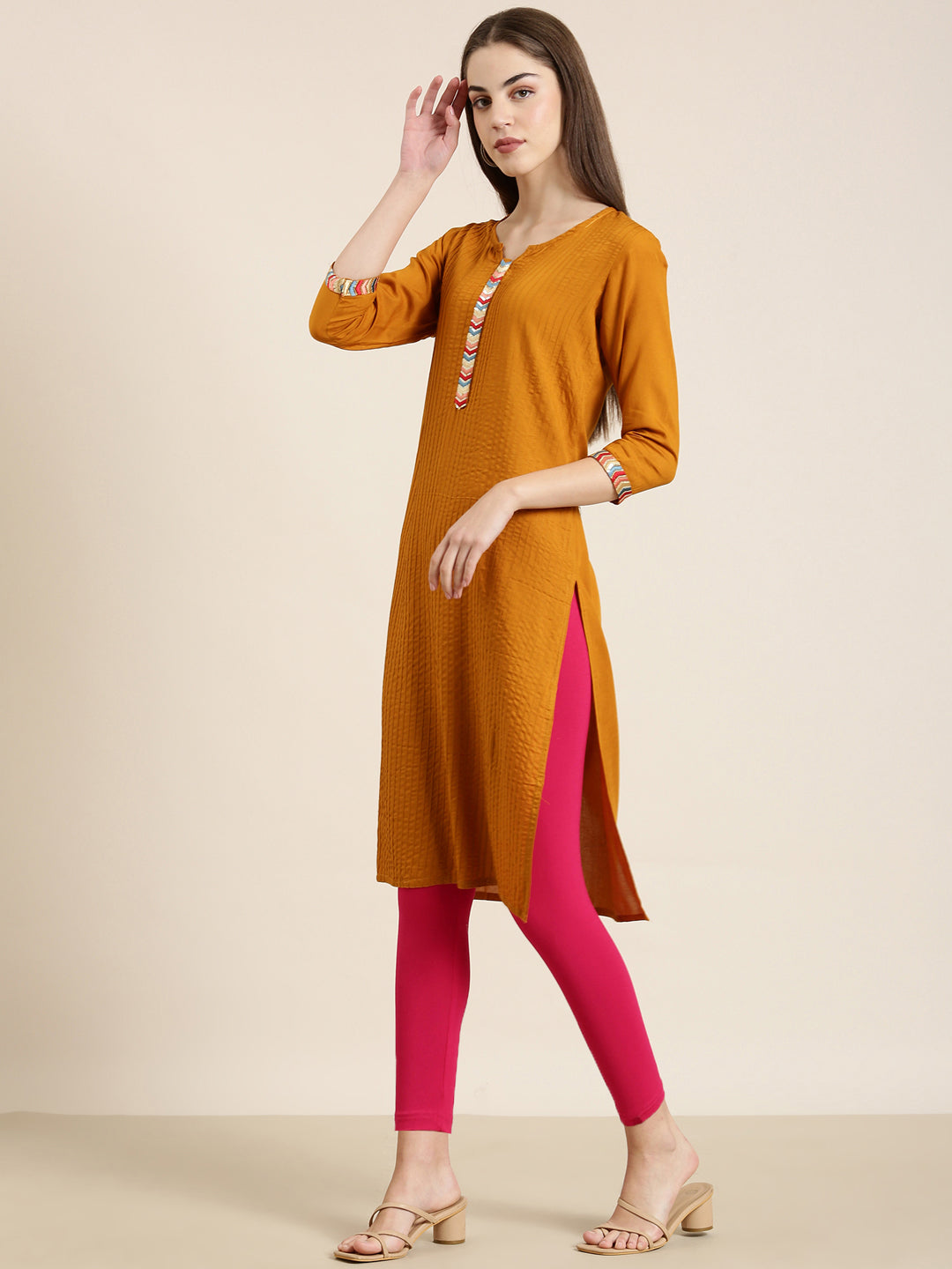 Women Mustard Striped Straight Kurta