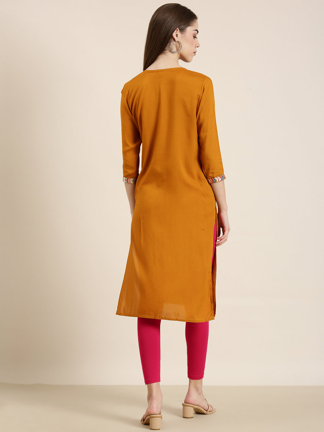 Women Mustard Striped Straight Kurta