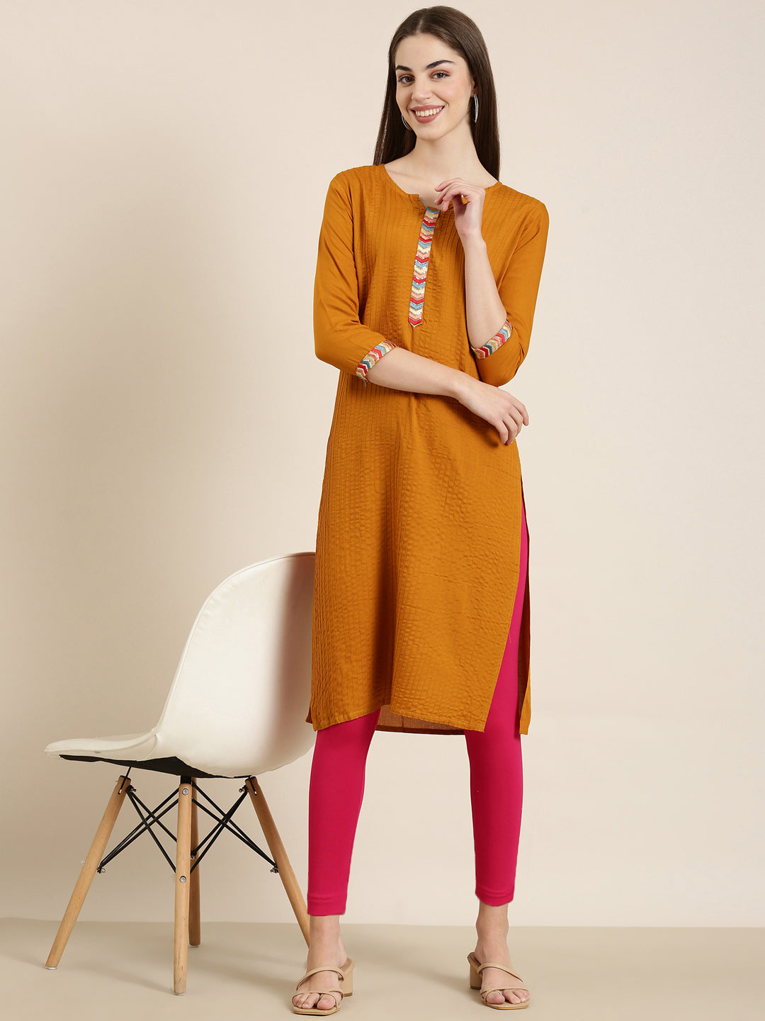 Women Mustard Striped Straight Kurta