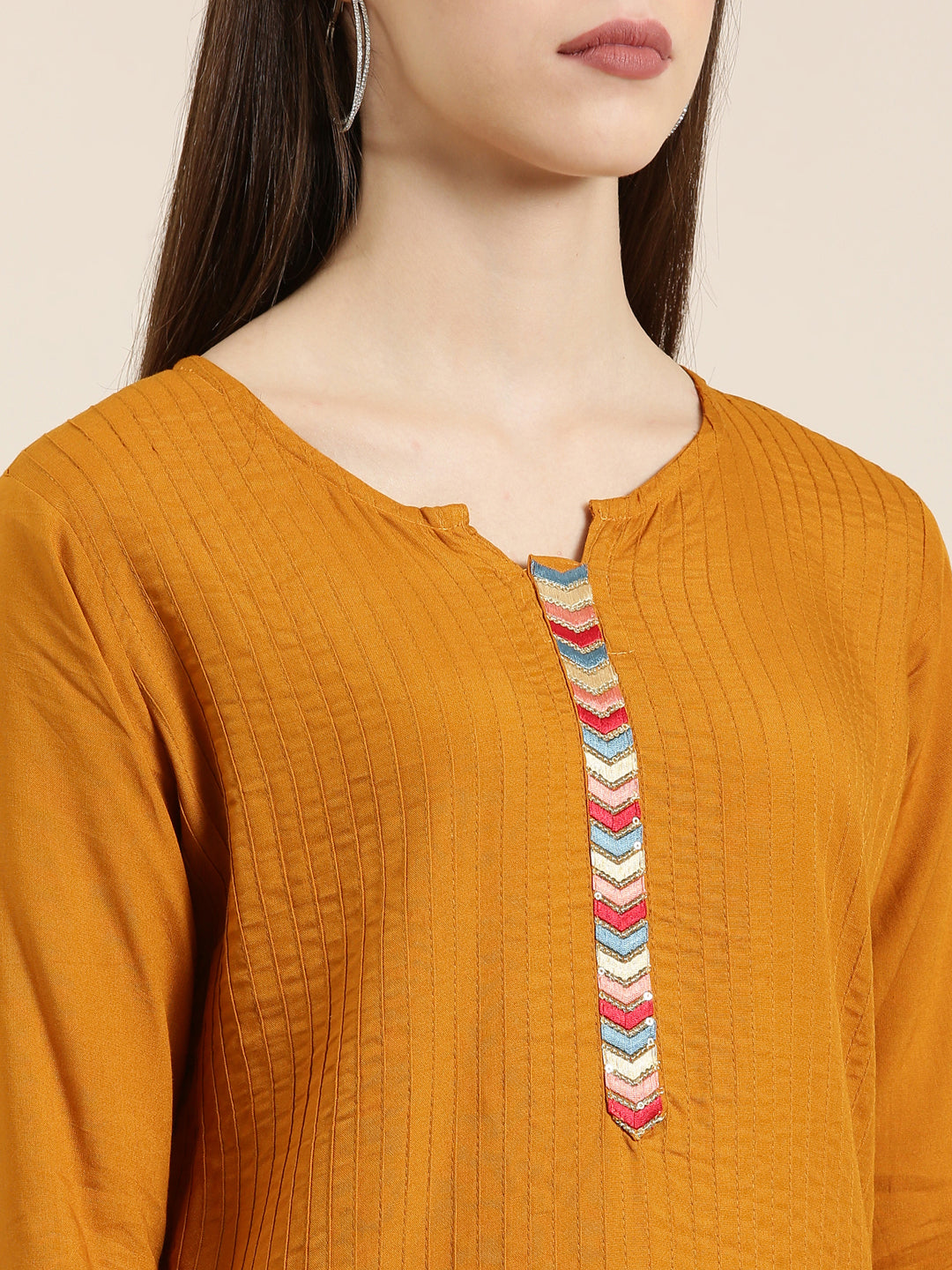 Women Mustard Striped Straight Kurta