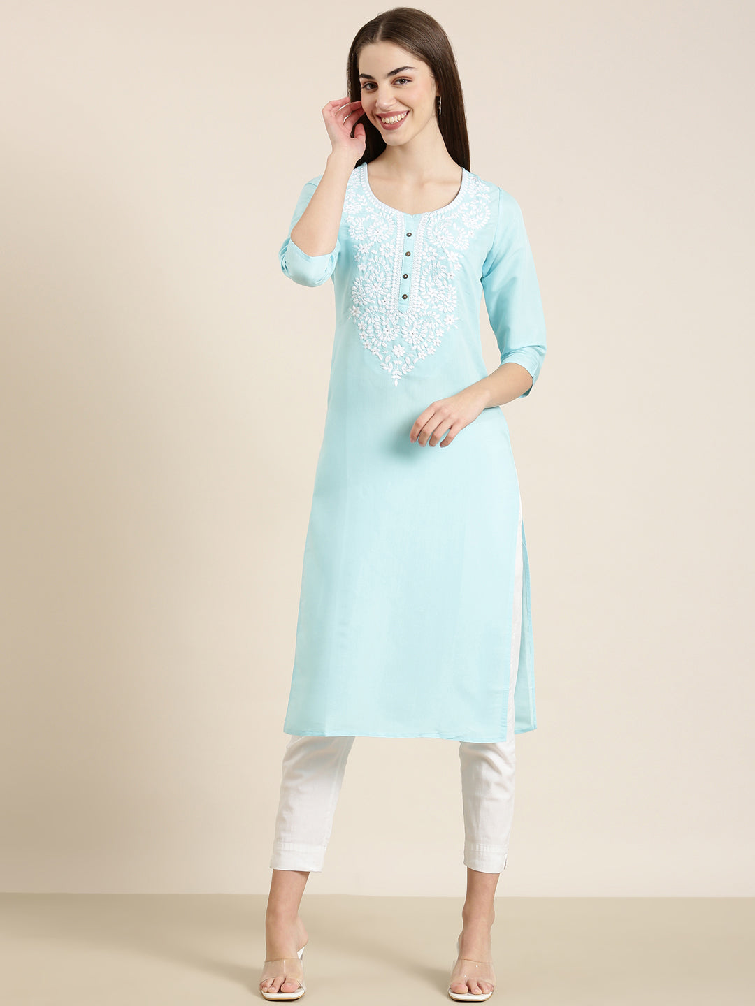 Women Blue Solid Straight Kurta