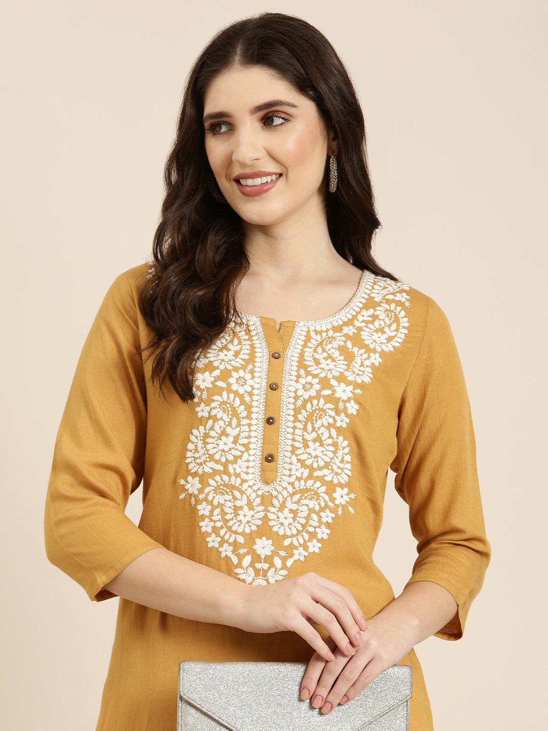 Women Mustard Solid Straight Kurta